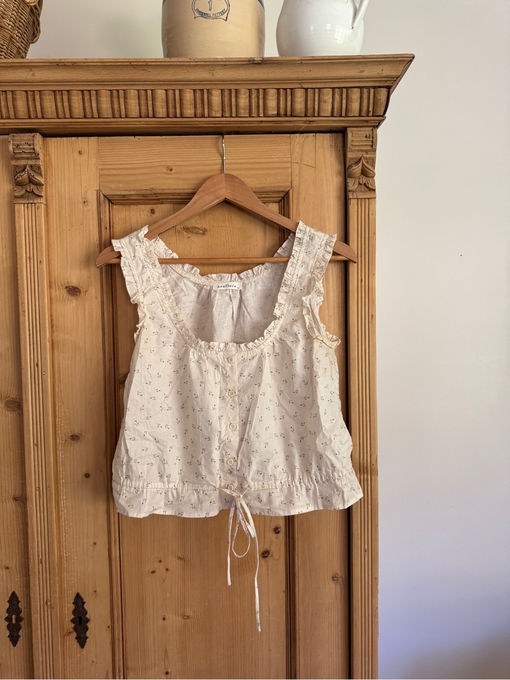 Light Cream Floral Drawstring Cotton cropped tank